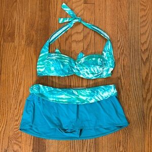 La Blanca Bikini Set Sweatheart Halter Top Skirt Bottom blue green size 10